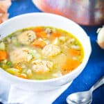 bowl of veggie chicken and dumplings