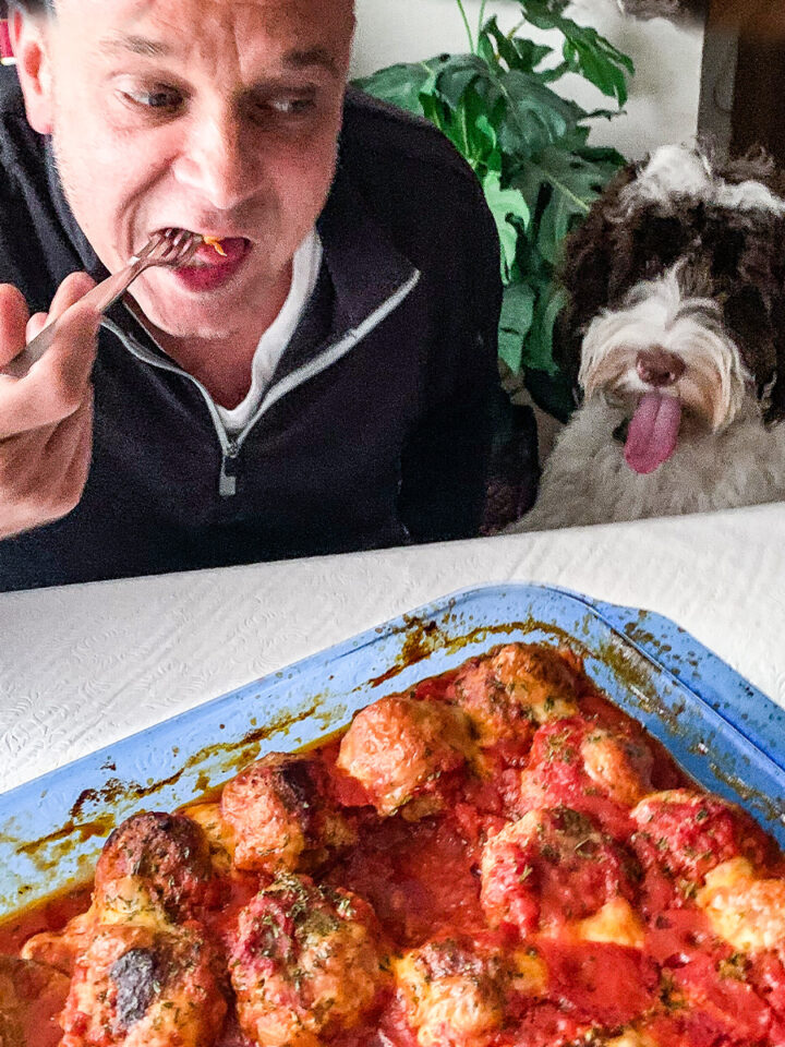 Man and dog eating meatballs