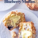 Sourdough Discard Blueberry Muffins on a plat with butter spread